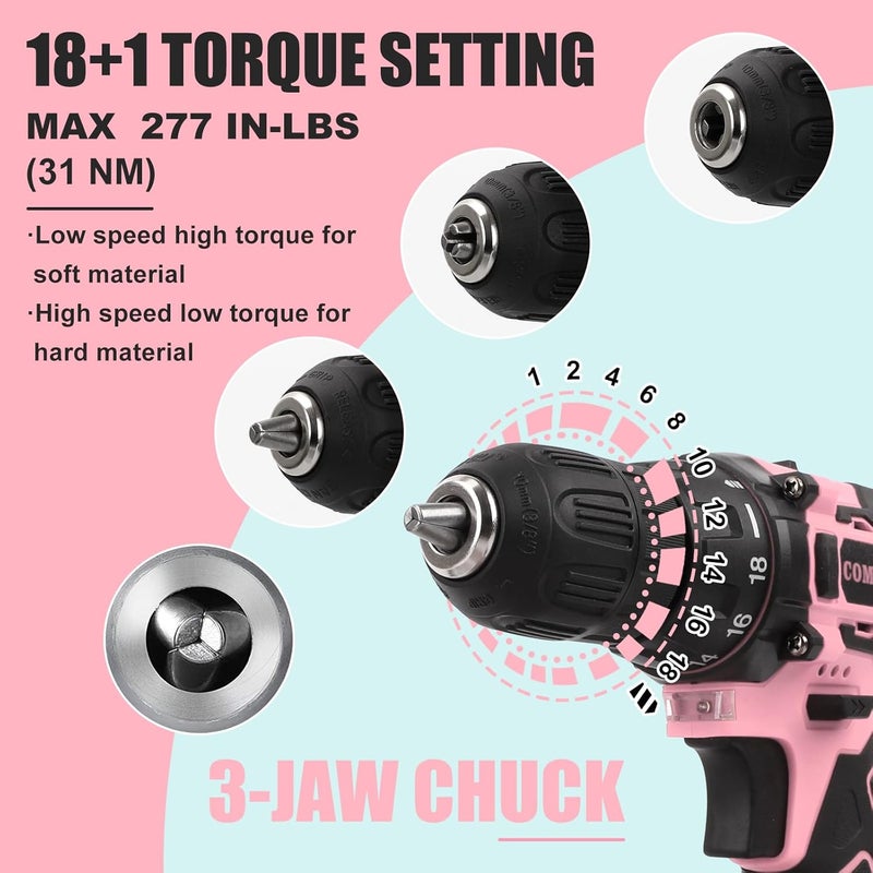 COMOWARE Pink Cordless Drill Set for Women, 12V Lightweight Electric Screwdriver with 3/8" Keyless Chuck, 1.5Ah Battery - Portable Power Drill Kit with Pink Tool Bag for Home DIY Projects - Image 3